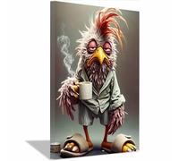 QUSAAOU Home Wall Canvas Decoration Grumpy Chicken in Pajamas with Coffee Funny Brightly Colored Animal Canvas Paintings Suitable For Bedrooms Room Dining Rooms Bathrooms(Khaki)-40x60cm1 Framed