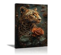 QUSAAOU Home Wall Canvas Decoration Steampunk Leopard Portrait Copper Rose Gears Brightly Colored Animal Canvas Paintings Suitable For Bedrooms Room Dining Rooms Bathrooms(Brown)-70x100cm1 Framed