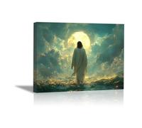 QUSAAOU Jesus Canvas Wall Art Christ walking sea beneath full moon Picture Prints God Posters Catholic Artwork for Spiritual Room Bedroom Home Decor(Turquoise Green)-30x45cm Framed