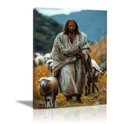 QUSAAOU Jesus Canvas Wall Art Portrait Jesus as a Boy Picture Prints God Posters Catholic Artwork for Spiritual Room Bedroom Home Decor(khaki)-60x90cm Framed