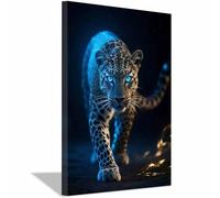 QUSAAOU Modern Home Decor Painting Glowing Blue Eyed Jaguar Walking Dark Woods Modern Style Suitable For Living Room And Dining Room Home DéCor And Gifts.(Blue)-70x100cm Framed