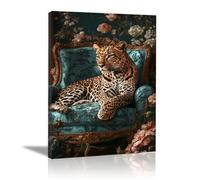 QUSAAOU Modern Home Decor Painting Leopard on Ornate Teal Floral Chair Modern Style Suitable For Living Room And Dining Room Home DéCor And Gifts.(Teal)-20x30cm1 Framed