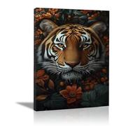QUSAAOU Modern Home Decor Painting Tiger framed by rustic orange bloom green foliage Modern Style Suitable For Living Room And Dining Room Home DéCor And Gifts.(Brown)-40x60cm Framed