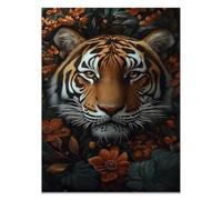 QUSAAOU Modern Home Decor Painting Tiger framed by rustic orange bloom green foliage Modern Style Suitable For Living Room And Dining Room Home DéCor And Gifts.(Brown)-20x30cm Unframed