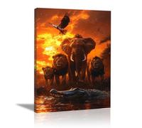 QUSAAOU Modern Home Decor Painting Wildlife Sunset Elephant Lions Crocodile Modern Style Suitable For Living Room And Dining Room Home DéCor And Gifts.(Orange)-40x60cm1 Framed
