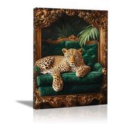 QUSAAOU Modern Home Decor Paintings Leopard on emerald gold framed antique chair Canvas Pictures For Living Room Bedroom Hallway Kitchen-Colourful Prints Extra Large(Green)-60x90cm Framed