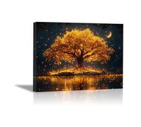 QUSAAOU Natural Landscape Canvas Wall Glowing Golden Tree with Water Reflection at Night Wall Decor For Living Room Pictures Print On Canvas Artwork For Home Bedroom Decorations(Gold)-20x30cm1 Framed
