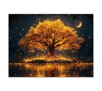 QUSAAOU Natural Landscape Canvas Wall Glowing Golden Tree with Water Reflection at Night Wall Decor For Living Room Pictures Print On Canvas Artwork For Home Bedroom Decorations(Gold)-40x60cmUnframed