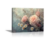 QUSAAOU Natural Landscape Canvas Wall Vintage Muted Pink Rose White Daisy Aged Misty Wall Decor For Living Room Pictures Print On Canvas Artwork For Home Bedroom Decorations -70x100cm Unframed