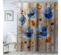 QUSAAOU Shower Curtain Bathroom Decoration Blue Orange Flowers Natural Plant Landscape Waterproof Bath Curtain, Quick-Drying Floral Shower Curtains with 12 Hooks-200 * 240cm(71"*94")
