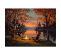 QUSAAOU Wall Art Bedroom Autumn Cabin and Campfire Scene by Lake at Sunset Abstract Canvas Prints Minimalist Artwork Bedroom Office Home Decoration Canvas Natural Landscape(Orange)-60x90cm Unframed