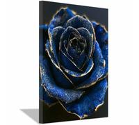 QUSAAOU Wall Art For Hallway And Stairs Deep blue rose with delicate gold dust edging Morden Livingroom Wall Decor Nature Pictures For Bedroom Kitchen Corridor Office Decor(Royal Blue)-20x30cm Framed