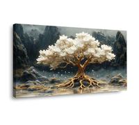 QUSAAOU Wall Art For Hallway And Stairs White Flower Tree of Life Print Golden Root Misty Mountain Morden Livingroom Wall Decor Nature Pictures For Bedroom Kitchen Corridor (White)-30x60cm1 Framed