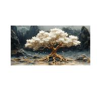 QUSAAOU Wall Art For Hallway And Stairs White Flower Tree of Life Print Golden Root Misty Mountain Morden Livingroom Wall Decor Nature Pictures For Bedroom Kitchen Corridor (White)-80x160cm1 Unframed