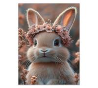 QUSAAOU Wall Decoration Aesthetics Rabbit Flower Crown Soft Peach Blossom Setting For Living Room Home Decor Canvas Pictures For Wall Art Photo Print For House Decoration(Pink)-60x90cm1 Unframed