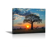 QUSAAOU Wall Decoration For Living Room Baobab Tree at Sunset on African Savanna Modern Scenic Living Room Bedroom Piece Home Decor Interior Easy Hang(Orange)-70x100cm1 Framed