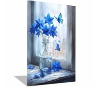 QUSAAOU Wall Decoration For Living Room Blue star blossoms with matching winged butterflies Modern Scenic Living Room Bedroom Piece Home Decor Interior Easy Hang(Royal Blue)-30x45cm Framed