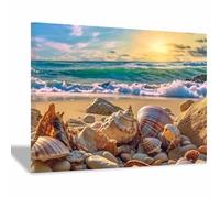 QUSAAOU Wall Decorations Seashell Stone Ocean Wave Sunset Beach Summer Modern Wall Decoration For Living Room Bedroom Hallway And Stairs Artwork Wall Pictures(Beige)-60x90cm1 Framed