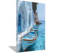 QUSAAOU Wall For Bedroom Blue Boat Greek White Building Mediterranean Sea Scene Abstract Canvas Prints Minimalist Artwork For Bedroom Office Home Decoration Canvas Natural Landscape -20x30cmUnframed