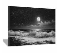 QUSAAOU Wall For Bedroom Full Moon Starry Sky Black White Ocean Wave Night Scene Abstract Canvas Prints Minimalist Artwork For Bedroom Office Home Decoration Canvas Natural Landscape -70x100cmUnframed