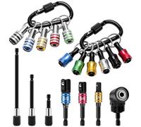 Qusedwey 18PCS Bit Holder Keychain Gadgets,Right Angle Drill Adaptor, 1/4Inch 3/8Inch 1/2Inch Drill Socket Adapter,11P Bit Holder