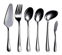 Qusedwey 6-Piece Serving Flatware Silverware Set, Serving Utensil Set,Include Cake Server, Slotted Serving Spoon Black