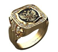 QUSIIOSLK Luxury 14K Gold Plated National Emblem Rings for Men with AAA Cubic Zirconia Inlay Vintage Double Headed Eagle Russian Badge Signet Ring Personalized Engraved Jewelry Gift 9
