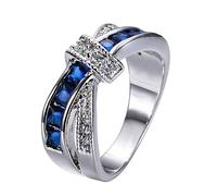 QUSIIOSLK Vintage Blue Crystal & White AAA Cubic Zirconia 925 Sterling Silver Criss Cross Ring Belt Design Band X Ring Anniversary Promise Rings for Women Jewellery Gifts, 7, 925 Sterling Silver