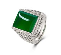 QUSIIOSLK Vintage Turquoise Ring 925 Sterling Silver Natural Green Agate Stone Ring Boho Hollow Square Cut Gemstone Band Handmade Open Ring Adjustable Jewelry Gift for Women Men