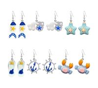 QUSIJIA 6 Pairs Irregular Ocean Nautical Anchor Rudder Earrings Personality Earthen Jar/Starfish/Fishbone Drop Dangle Earrings Jewelry Gifts For Women Girls, Resin, np