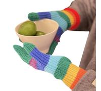 Qusinfc Winter Knit Gloves Couple Rainbow Color Striped Full Finger Thicken Outdoor Cycling Skiing Keep Warm Mittens Women For Couple Cold Weather Adult
