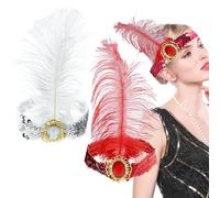 Qusmeiyici 2PCS 1920s Headbands for Women, Peacock Feather Sequins Headband Rhinestone Crystal Gatsby Flapper Headpiece Vintage Rhinestone Hair Accessories for Costume Party (Red+White)