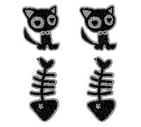 Qusmeiyici 4Pcs Black Bling Fish Bones with Cat Embroidered Applique Patches, Sew on Patches Iron on Patches for Clothing Jackets Jeans Backpacks Hats Arts Craft Sew Making