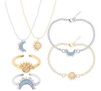 Qusmeiyici 6PCS Sun and Moon Jewellery Set, Celestial Sparkling Adjustable Women's Ring, Necklace, Bracelets, Plate Matching Pendant Jewellery Gift Set for Women Girls