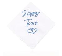 Qusmeiyici Embroidered Wedding Handkerchief, White Cotton Hankies with Lace Edges Blue Embroidered Happy Tears Hanky Wedding Gift for Bride Groom, 30x30 cm