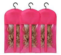 Qussedser 3PCS Hair Extension Holder Wig Storage for Multiple Wigs Holder Wig Bags with Hanger Hair Extension Storage Rose Red