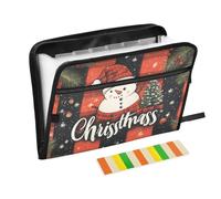 Quteprint 13 Pockets Expanding File Folder with Zipper Closure, Winter Plaid Christmas Snowman Accordion File Folder with Sticky Labels, Letter Size A4 Papers Expandable File Document Organizer