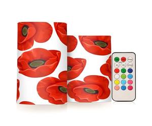 Quteprint 2 Pack Flameless Candles with Remote Timer Flickering LED Candles, Poppy Flowers Floral Red Battery Operated Candles Tea Lights Fake Candles for Home Bathroom Halloween Christmas Party