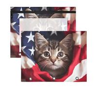 Quteprint 2-Pack Pencil Pouch for 3 Ring Binder, American Flag Cute Cat Binder Pencil Case A4 File Bag with Zipper Clear Window, Durable Binder Organizer Large Capacity for School Office Makeup