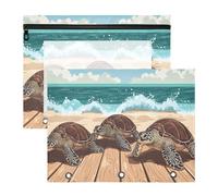 Quteprint 2-Pack Pencil Pouch for 3 Ring Binder, Beach Sea Turtle Wooden Binder Pencil Case A4 File Bag with Zipper Clear Window, Durable Binder Organizer Large Capacity for School Office Makeup