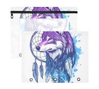 Quteprint 2-Pack Pencil Pouch for 3 Ring Binder, Boho Indian Watercolor Wolf Binder Pencil Case A4 File Bag with Zipper Clear Window, Durable Binder Organizer Large Capacity for School Office Makeup