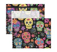 Quteprint 2-Pack Pencil Pouch for 3 Ring Binder, Colorful Floral Sugar Skulls Binder Pencil Case A4 File Bag with Zipper Clear Window, Durable Binder Organizer Large Capacity for School Office Makeup