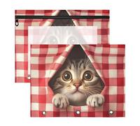 Quteprint 2-Pack Pencil Pouch for 3 Ring Binder, Cute Cat Peeking Out Plaid Binder Pencil Case A4 File Bag with Zipper Clear Window, Durable Binder Organizer Large Capacity for School Office Makeup