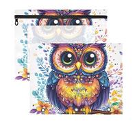 Quteprint 2-Pack Pencil Pouch for 3 Ring Binder, Cute Owl Flowers Mandala Binder Pencil Case A4 File Bag with Zipper Clear Window, Durable Binder Organizer Large Capacity for School Office Makeup