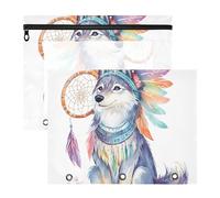 Quteprint 2-Pack Pencil Pouch for 3 Ring Binder, Cute Watercolor Wolf Indian Binder Pencil Case A4 File Bag with Zipper Clear Window, Durable Binder Organizer Large Capacity for School Office Makeup