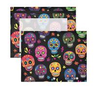 Quteprint 2-Pack Pencil Pouch for 3 Ring Binder, Day of The Dead Sugar Skull Binder Pencil Case A4 File Bag with Zipper Clear Window, Durable Binder Organizer Large Capacity for School Office Makeup