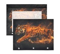 Quteprint 2-Pack Pencil Pouch for 3 Ring Binder, Fiery Running Tiger Flames Binder Pencil Case A4 File Bag with Zipper Clear Window, Durable Binder Organizer Large Capacity for School Office Makeup
