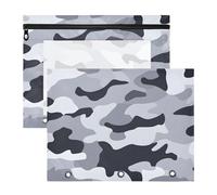 Quteprint 2-Pack Pencil Pouch for 3 Ring Binder, Gray Camo Camouflage Pattern Binder Pencil Case A4 File Bag with Zipper Clear Window, Durable Binder Organizer Large Capacity for School Office Makeup