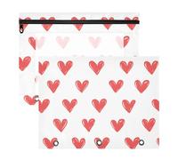 Quteprint 2-Pack Pencil Pouch for 3 Ring Binder, Happy Valentines Red Hearts Binder Pencil Case A4 File Bag with Zipper Clear Window, Durable Binder Organizer Large Capacity for School Office Makeup