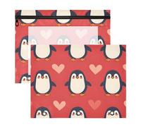 Quteprint 2-Pack Pencil Pouch for 3 Ring Binder, Hearts Cute Penguins Binder Pencil Case A4 File Bag with Zipper Clear Window, Durable Binder Organizer Large Capacity for School Office Makeup